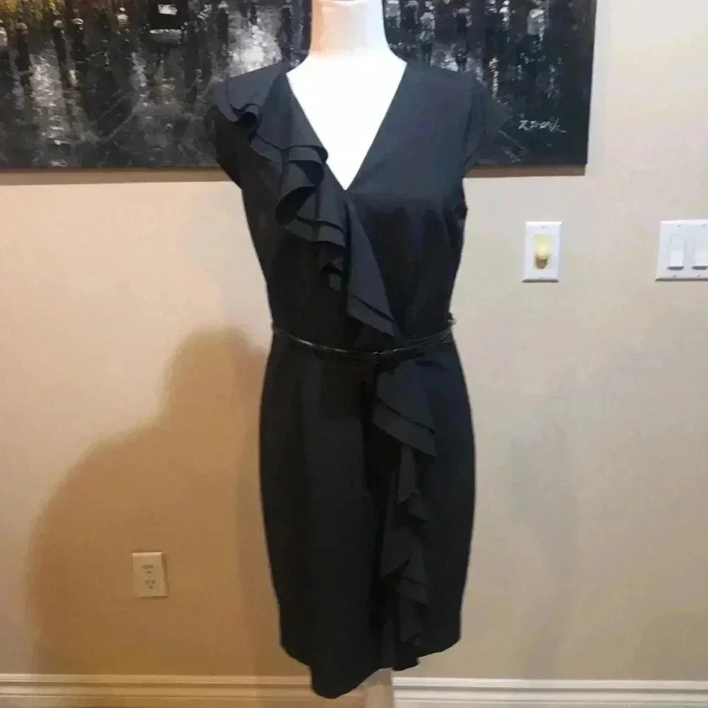 Calvin Klein Charcoal Gray Ruffled Front Faux Wrap Belted Midi Dress Size 8